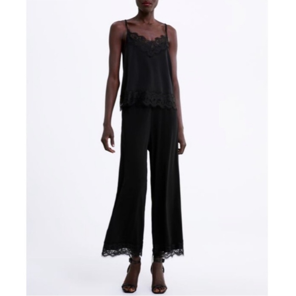 ZARA BLACK PLEATED LACE TRIM PANT AND CAMISOLE 2 PC SET, S